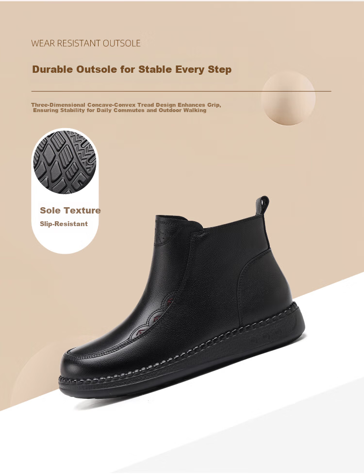 Red Dragonfly Women's Autumn Winter Lightweight Short Boots Fleece Lined Warm Thick Sole Flat Middle-aged Cotton Boots WTC457391H Black Size 36 6
