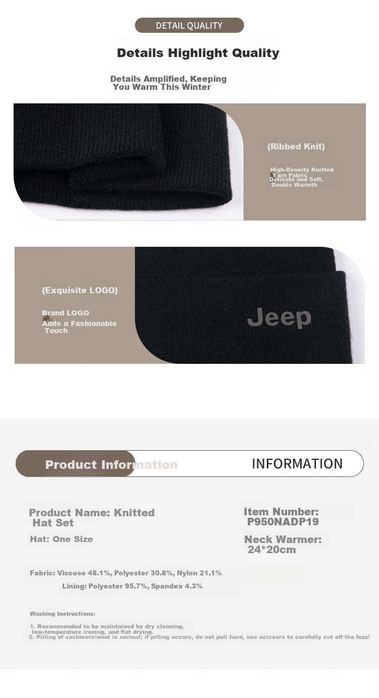 JEEP Men's Autumn Winter Knitted Hat Fleece Lined Warm Neck Warmer Thickened Woolen Beanie Ear Protection Cold Resistant Hat Black 6