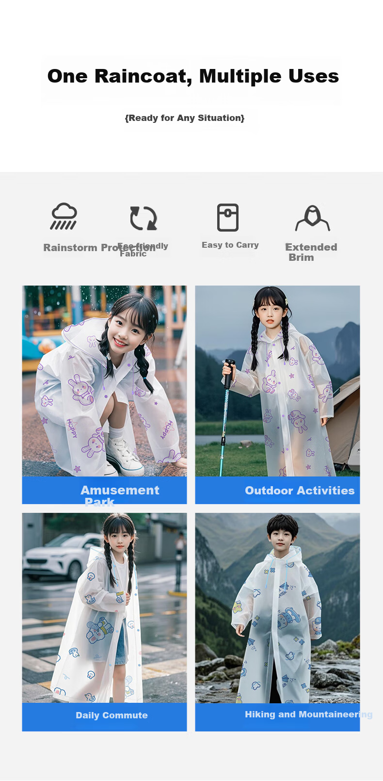 AIKANGNI Children's Raincoat for Ages 6-12, Disposable Thickened Heavy-Duty Waterproof Student Full-Body Protection Portable Stylish Bubble Rabbit Desig 6