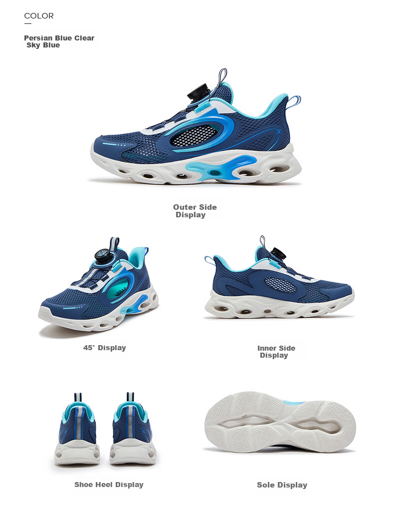 XTEP Children's Shoes for Boys, Hollow Frame Breathable Rotating Buckle Running Shoes for Older Kids, Black/new White/pure Blue, Size 33 8