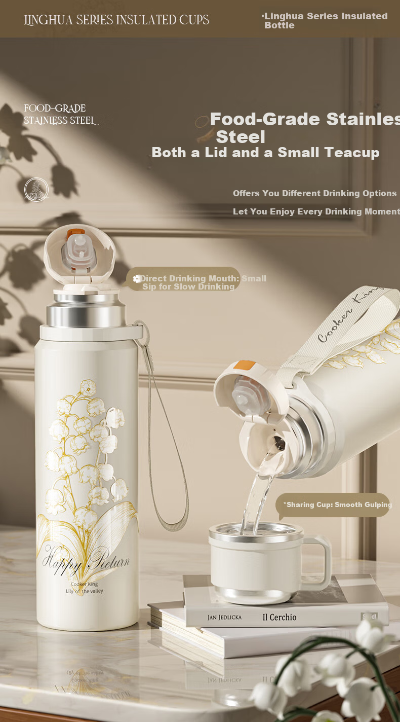 Chuida Huang Insulated Bottle 316 Stainless Steel with Tea Infuser Women's Children's Gift Large Capacity Water Bottle 600ml (Bellflower Design) 8