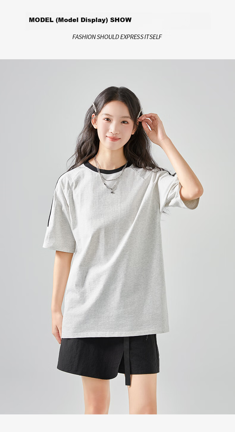 Jeanswest Women's Striped Short Sleeve T-Shirt Spring Summer New Two-Stripe Raglan American Style Cotton Loose Colorblock T-Shirt 12