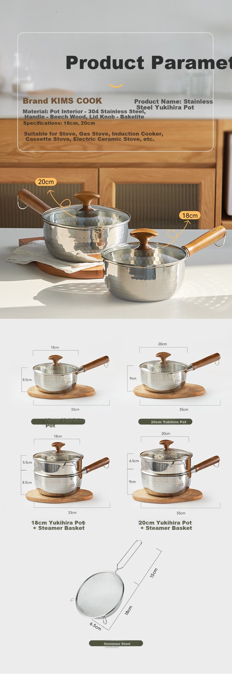 Kims Cook Snow-Pan Non-Coated Household Small Milk Pot Five-Layer Steel Baby Food Noodle Pot 316L Stainless Steel 20cm + 304 Steamer Basket 7