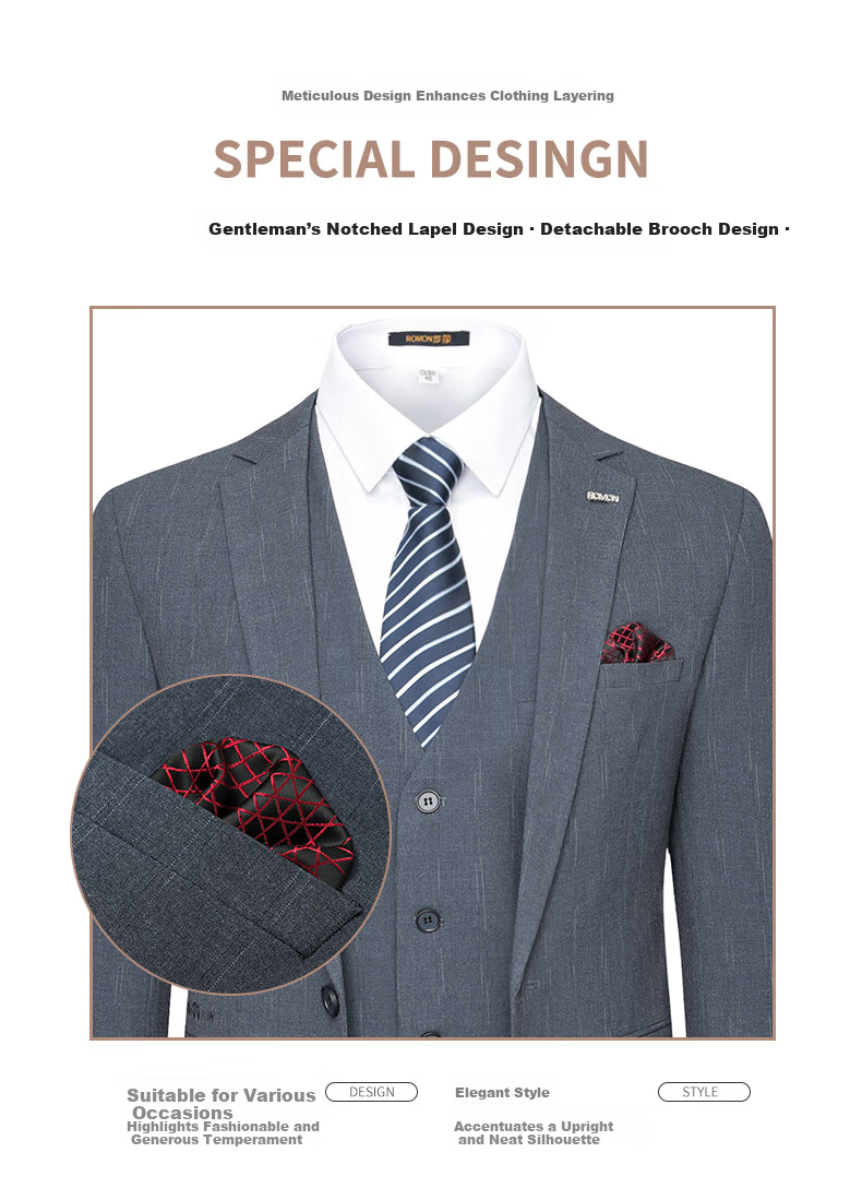 ROMON Men's Slim Fit Three-Piece Suit Business Formal Wedding Groom Outfit 2