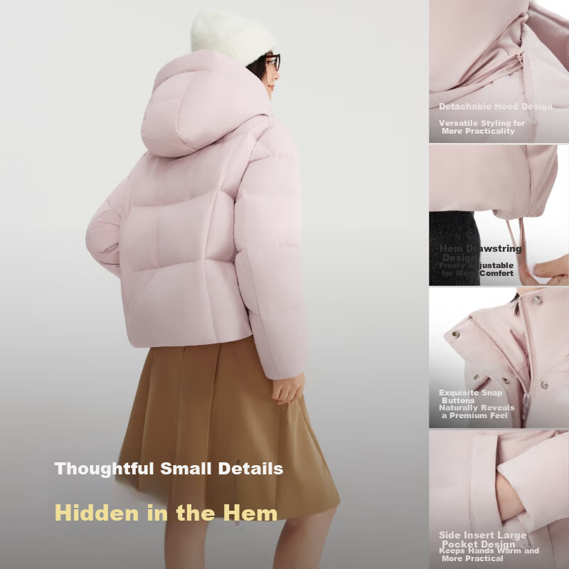BOSIDENG Women's Off-Season 90% Down Thickened Detachable Hood Loose Short Warm Jacket Mall Style