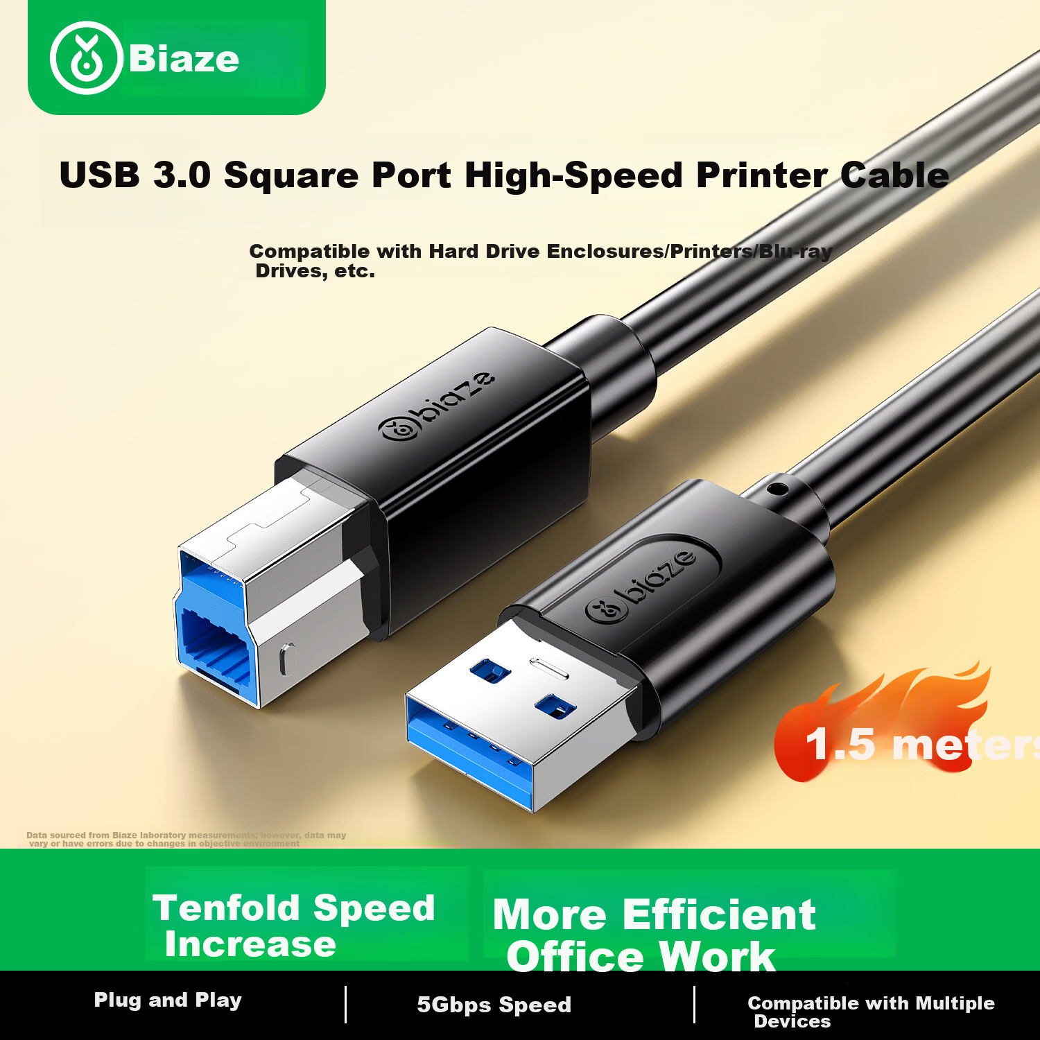 BIAZE USB 3.0 Printer Square Port Data Cable AM/BM Monitor Uplink Hard Drive Enclosure Connection Cable Compatible with HP Canon Epson Printers 1.5m