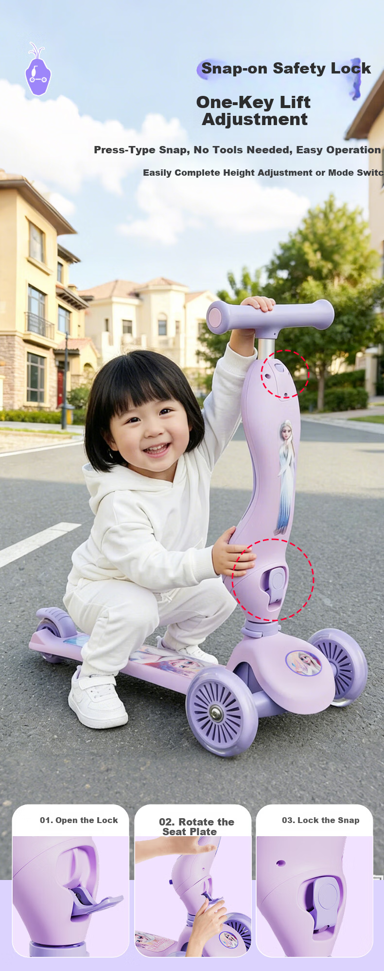 Disney Kids Scooter 1-3 Years Toddler Ride-On Walker 2-in-1 Flashing Wheels Elsa Princess Girl 3