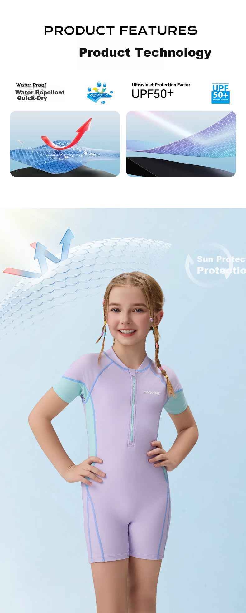 SWANS Kids Girls One-Piece Square-Leg Swimwear Chlorine-Resistant Quick-Dry Professional Sun Protection Surf Suit Light Purple 130 4