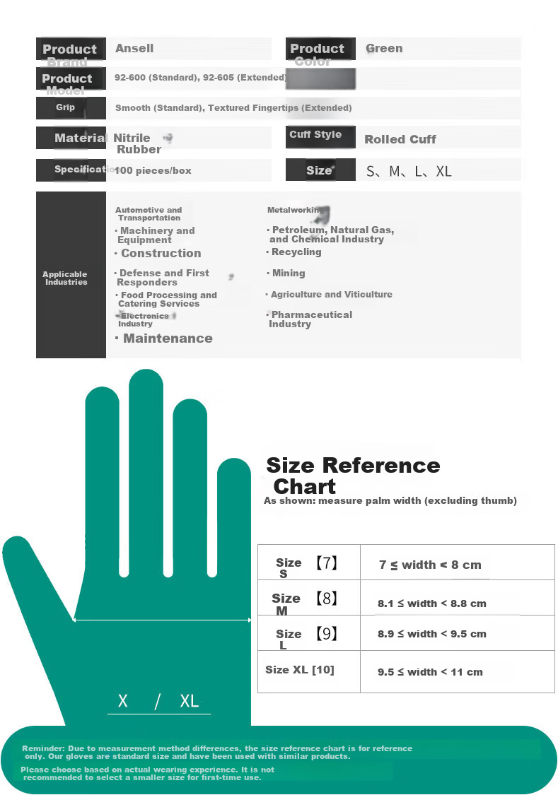Ansell Disposable Nitrile Rubber Gloves Chemical Resistant Oil Resistant Acid and Alkali Resistant Laboratory Thickened Non-slip Wear-resistant Gloves 92-600 (100 pcs/box) S 6