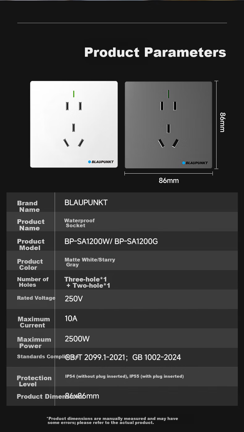 BLAUPUNKT Waterproof Socket New National Standard 86 Type Panel Surface and Concealed Mount 10A Five-Hole Wall Outlet Bathroom Waterproof Outdoor Sunproof Rainproof 15