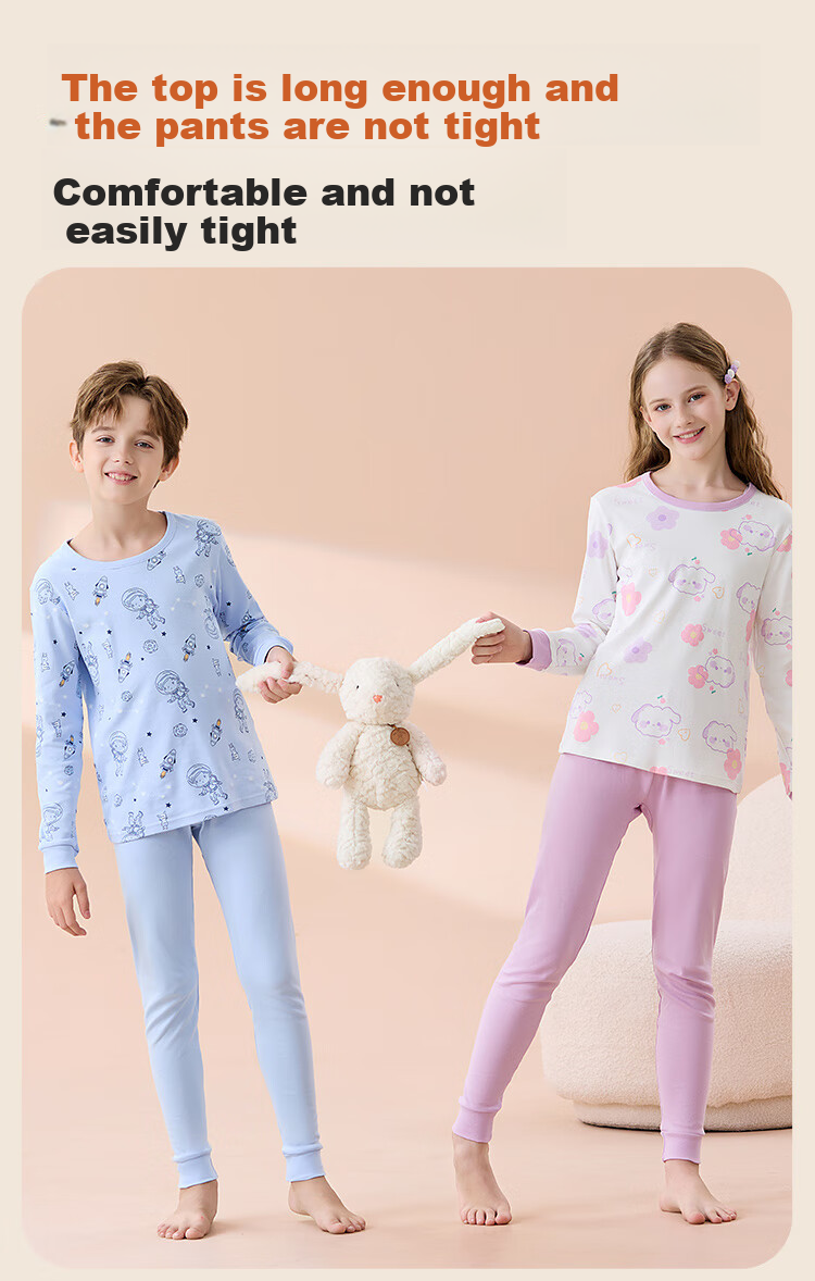 Hodo Children's Thermal Underwear Pure Cotton Girls Comfortable Soft Skin-friendly Antibacterial Mite-proof Long Sleeve Crew Neck Autumn Top and Bottom Set 7