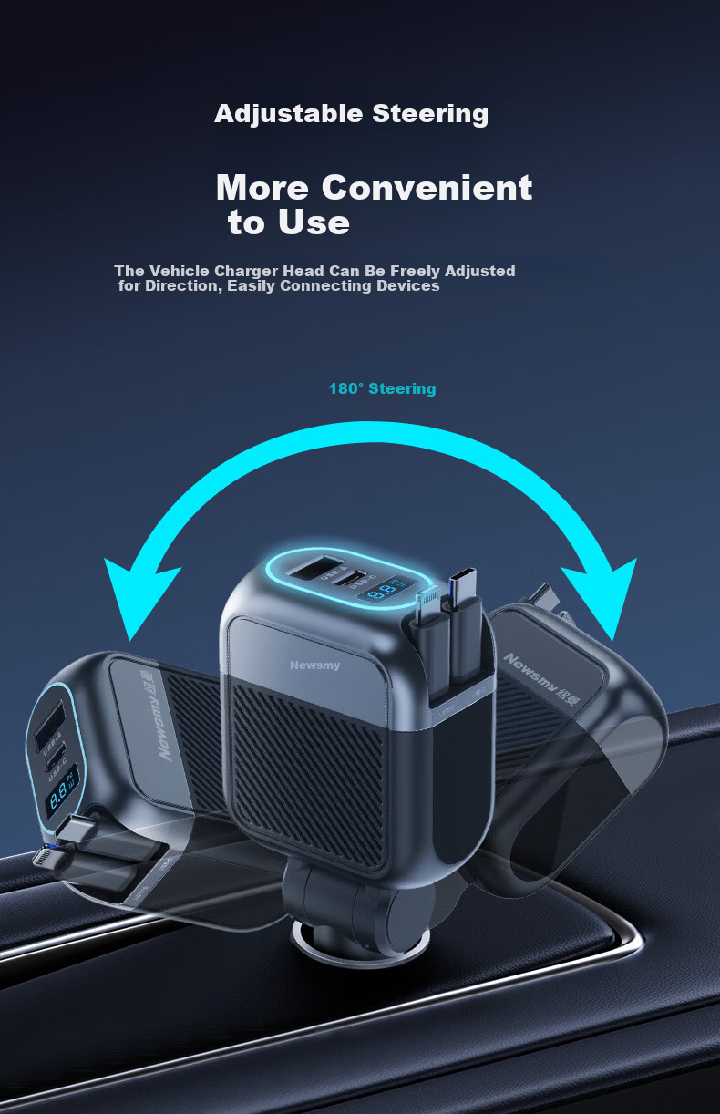 Newsmy Car Charger Super Fast Charging with Retractable Cable Multi-Function 3-in-1 Cigarette Lighter Adapter Car Charger 25