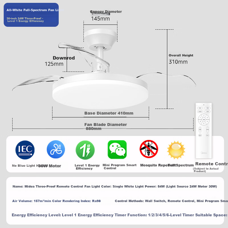 Midea Fan Light Integrated LED, 36-Inch Full Spectrum White Light, 6-Speed Adjustable Wind, Dining Room Ceiling Fan Light, Eye Protection Lamp Fixture