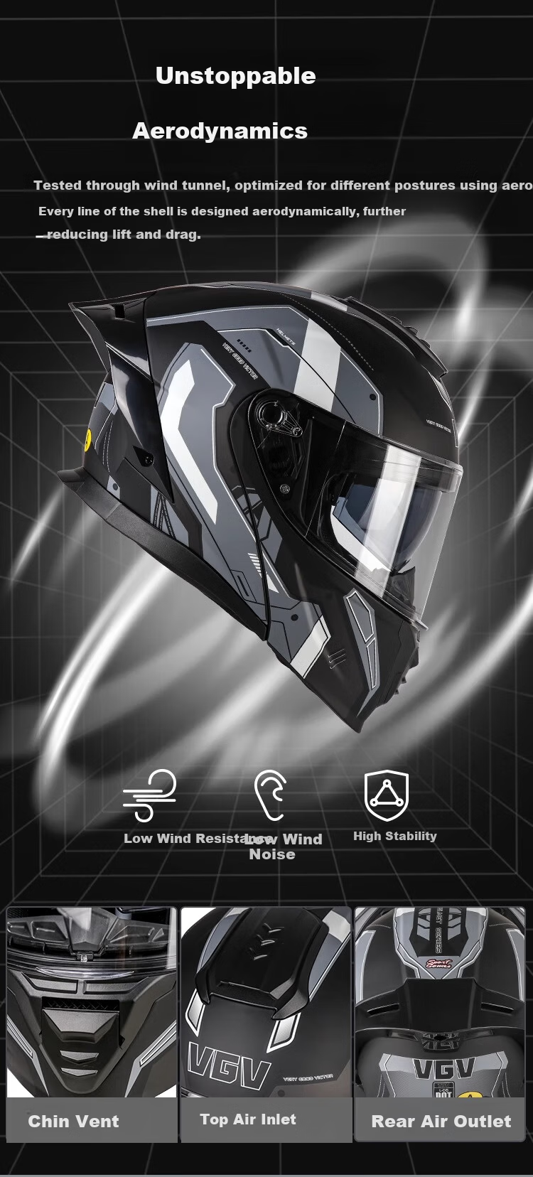 VGV Motorcycle Electric Vehicle Helmet Flip-up 3C Certified JD Self-operated Summer Helmet Engine Black XXL 5