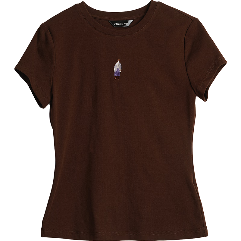 Olrain Summer New Casual Color-Block Heavy Embroidery Ribbed Crew Neck Short Sleeve T-Shirt for Women Brown L
