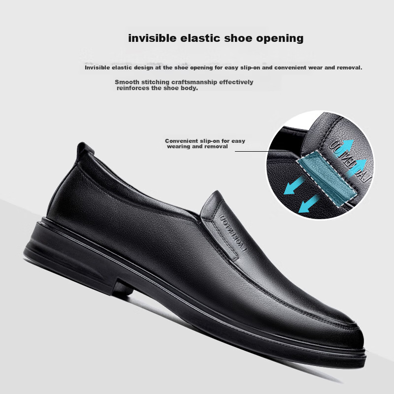 LAORENTOU Men's New First Layer Cowhide Breathable Non-slip Slip-on Middle-aged Business Casual Leather Shoes LA215 Black Size 40