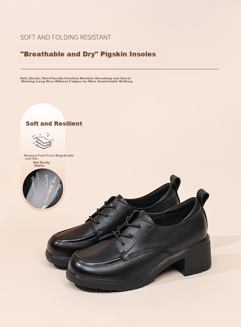 Red Dragonfly Women's Single Shoes First Layer Cowhide Small Leather Shoes British Casual Commuter Chunky Heel WLB152881 Black Size 39 4