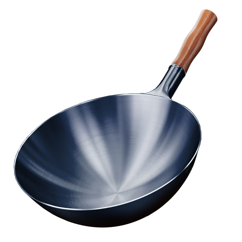 Royalstar Zhangqiu Hand-Forged Iron Wok with Round Bottom, Traditional Style, Non-Coated Non-Stick Frying Pan, Suitable for Gas Stove, with Lid, 34cm