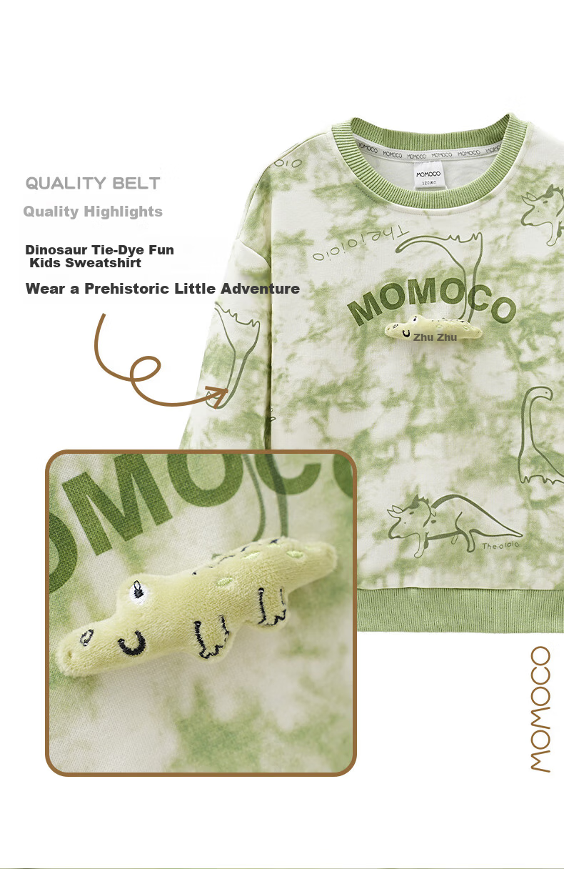 MOMOCO Boys' Sweatshirt Autumn 2025 New Trendy Tie-Dye Dinosaur Sweatshirt Green Size 90 2