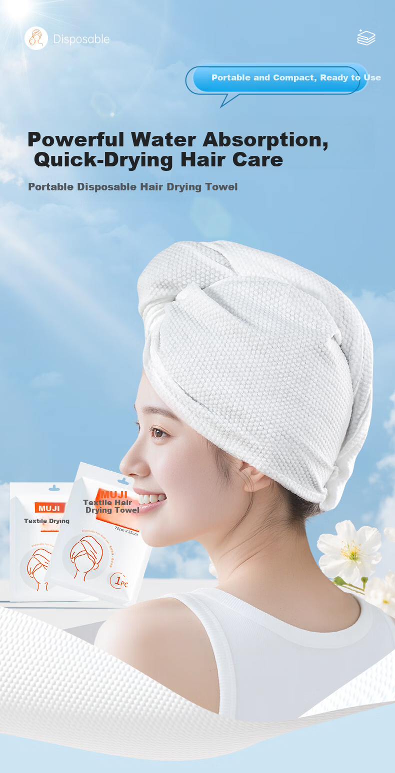 MUJI Disposable Thickened Water-Absorbent Hair Drying Towel Caps for Women, Travel Pack of 3 1
