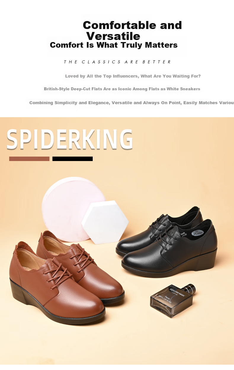 SPIDER KING Women's Low-Cut Leather Shoes Comfortable Versatile Thick Sole Wedge Work Professional Mom Shoes Black Size 37 4