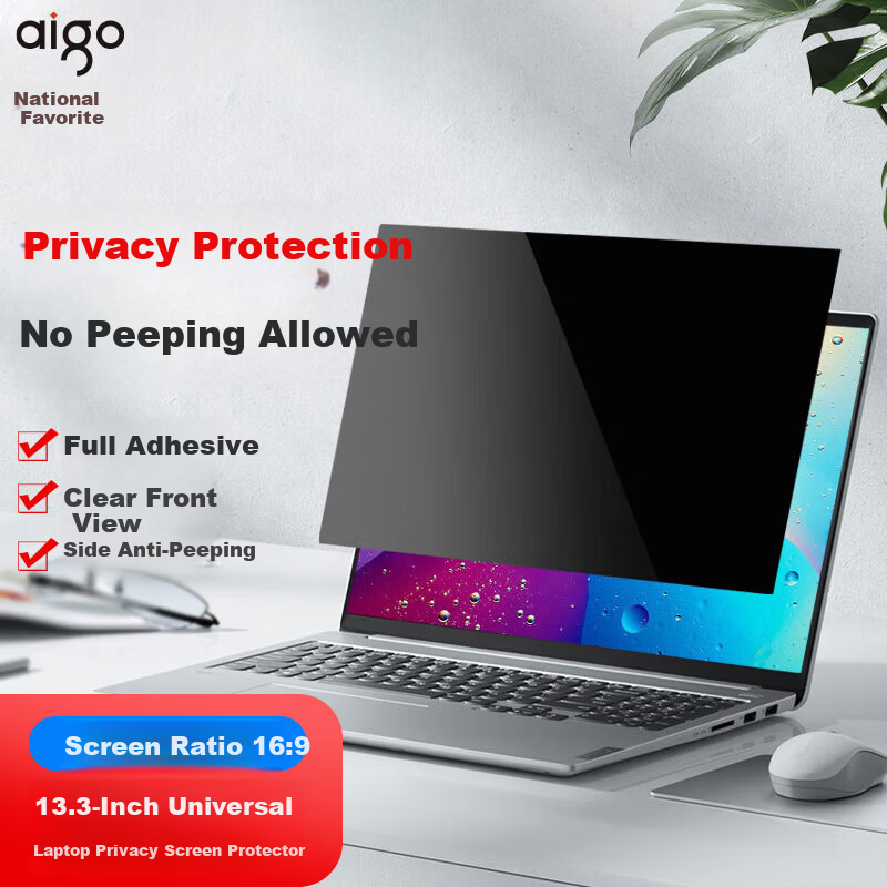 Aigo Computer Privacy Screen Protector 13.3-inch (16:9) Full Adhesive Anti-Spy Film for Monitor and Laptop
