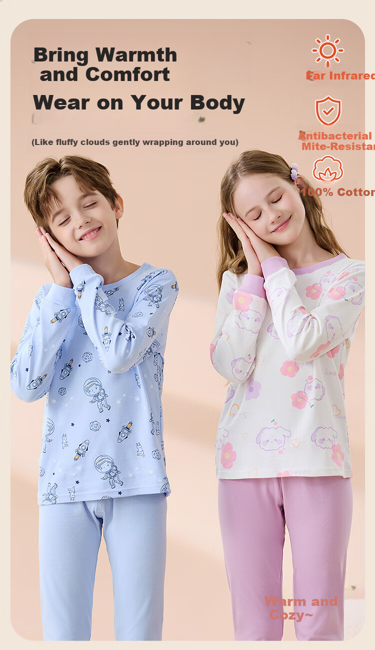 Hodo Children's Thermal Underwear Pure Cotton Girls Comfortable Soft Skin-friendly Antibacterial Mite-proof Long Sleeve Crew Neck Autumn Top and Bottom Set 1