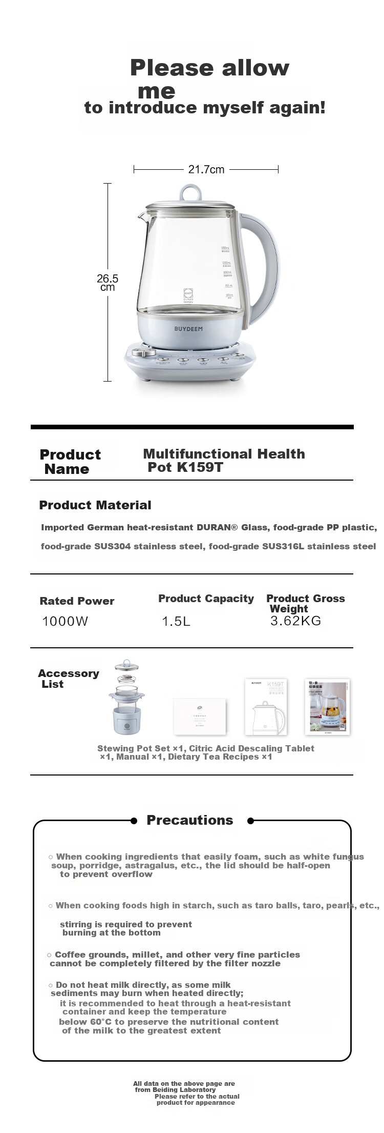 Buydeem Health Pot Electric Kettle Tea Maker Herbal Medicine Kettle Black Tea Stewing Glass Flower Tea Pot K159T Baby Blue with Glass Stewing Pot 15