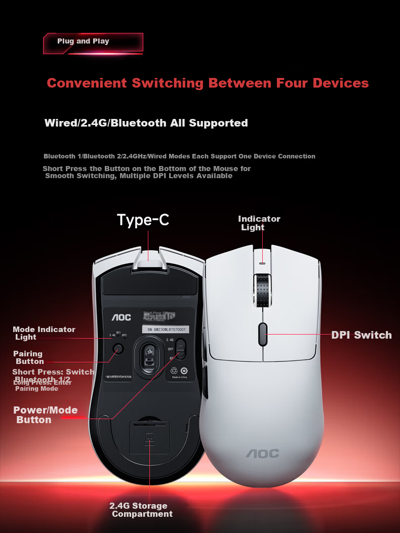 AOC GM230 Wireless Bluetooth Tri-Mode Mouse Lightweight Gaming Esports Office Rechargeable Mouse with Macro Programming Support Laptop Mouse Black 8