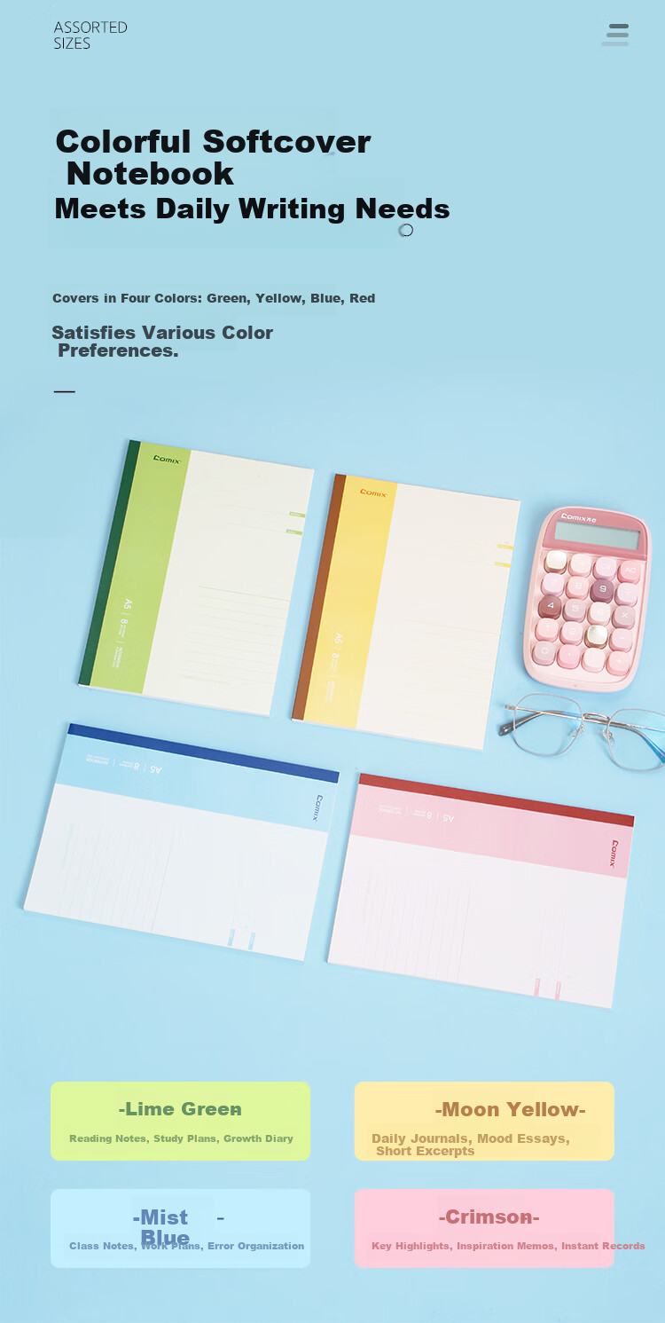 COMIX A5/58 Sheets/3 Books, Wirebound Soft Cover Notebook, Meeting Notebook, Soft Cover Study And Homework Book/work Journal, Fashionable Office EC7653-3 with 3