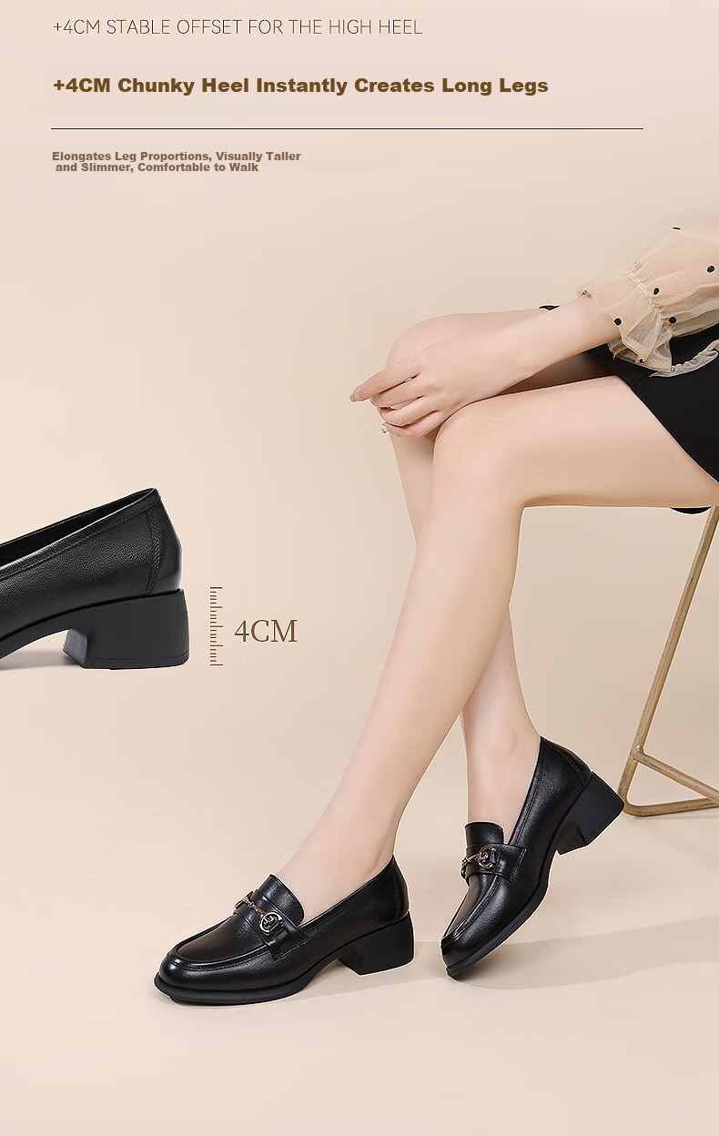 Red Dragonfly Women's Loafers Thick Heel French Style Small Leather Shoes Commuter Versatile Mom Shoes WTB152791 Black Size 38 5
