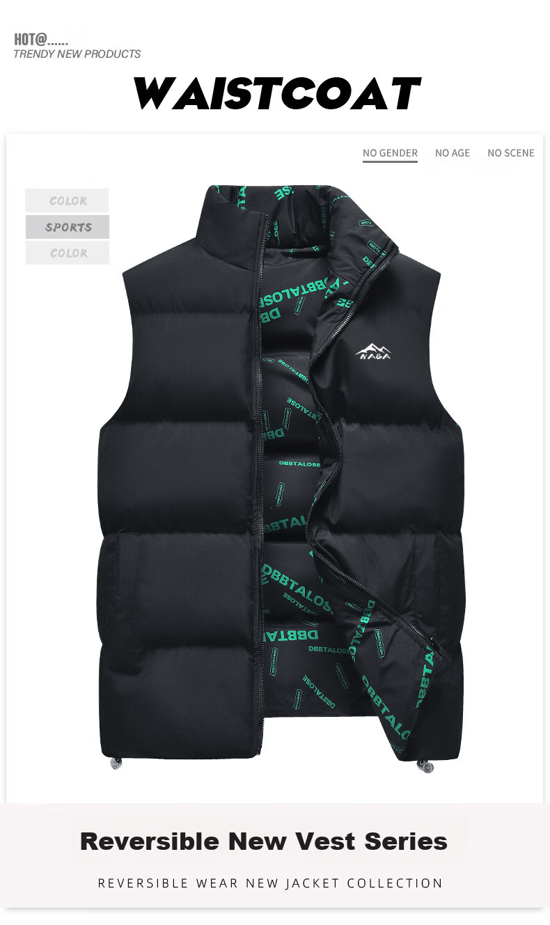 NASA MARVEL Cotton Vest Autumn Winter Men's Sleeveless Stand Collar Reversible Warm Couple Jacket Black 4XL 2