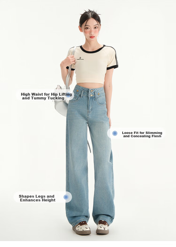 Langsha Women's Jeans Spring Autumn High Waist Slim Wide Leg Draped Loose Straight Floor-Length Pants 2