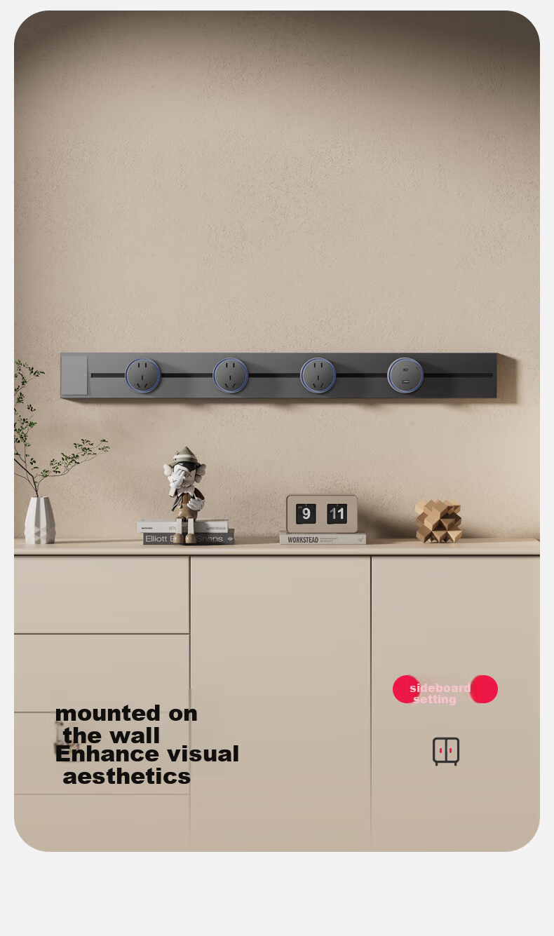 CHIGO Track Socket with Switch Master Control Ultra-thin High Power Wall-mounted Rail Socket Surface-mounted Movable Kitchen Slide Rail Socket 50cm + 3 Black Five-hole Outlets 9