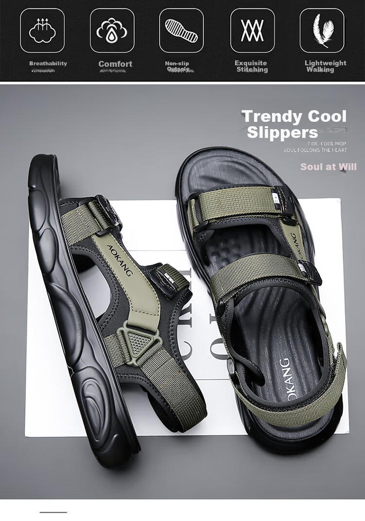 Aokang Men's Beach Sports Sandals Casual Velcro Sandals Black Size 42 5