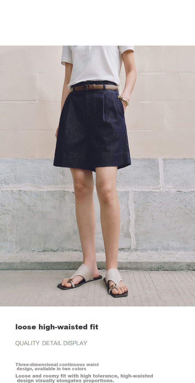 Peacebird Women's High-Waist Wide-Leg Denim Shorts Summer Loose Slim Vintage Trend Dark Blue L 5