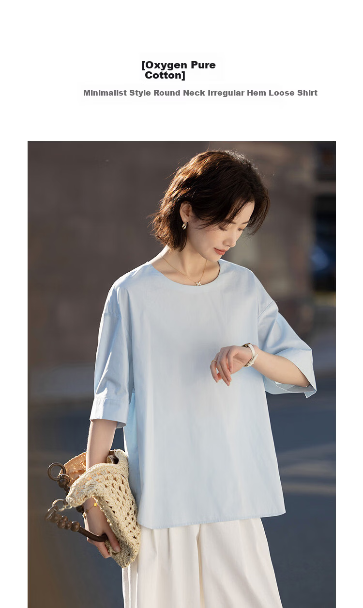 Demana Oxygen Pure Cotton Summer Simple Style Round Neck Irregular Hem Loose Slimming Concealing Shirt for Women Premium Feel 1