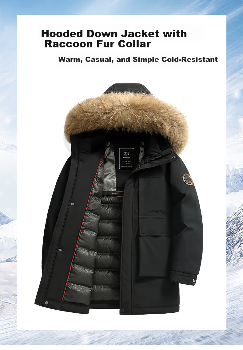 Snow Flying 90% Down Men's Winter Extreme Cold Mid-Length Hooded Casual Workwear Jacket with Fur Collar 190 1