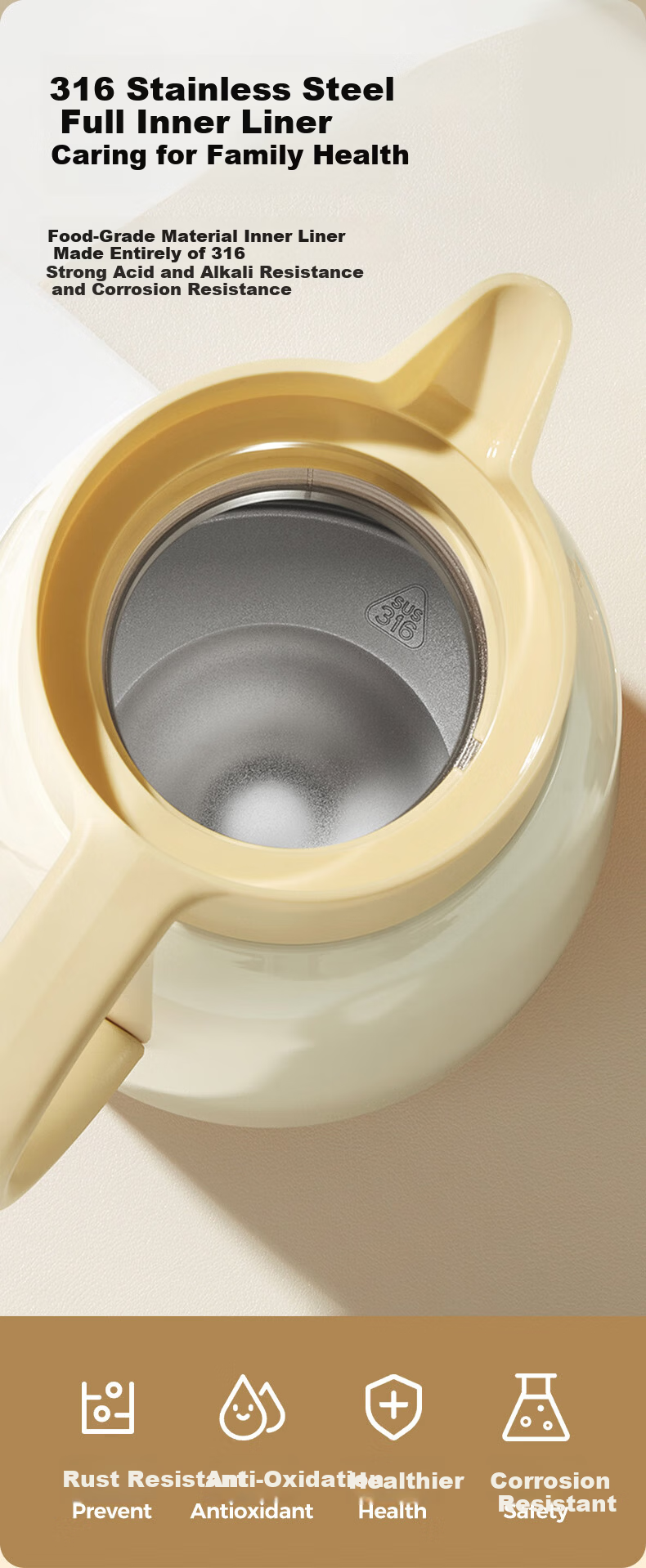 Haers 316L Stainless Steel Insulated Thermos Flask Household Large Capacity Hot Water Kettle Ivory White 2L 6