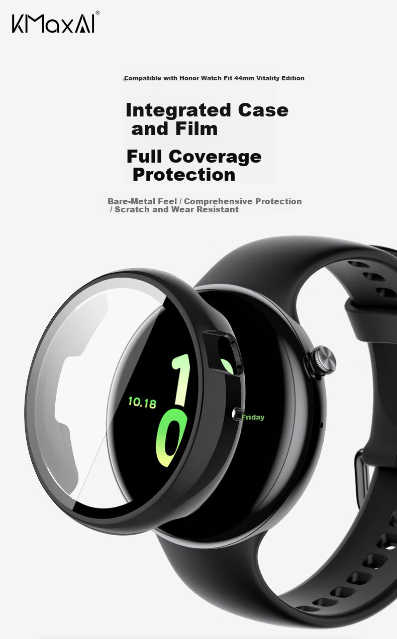 KMaxAI Tempered Glass Screen Protector + Hard Case Full Coverage Protective Case for Honor Watch Fit 44mm (Vitality Edition) Transparent 1