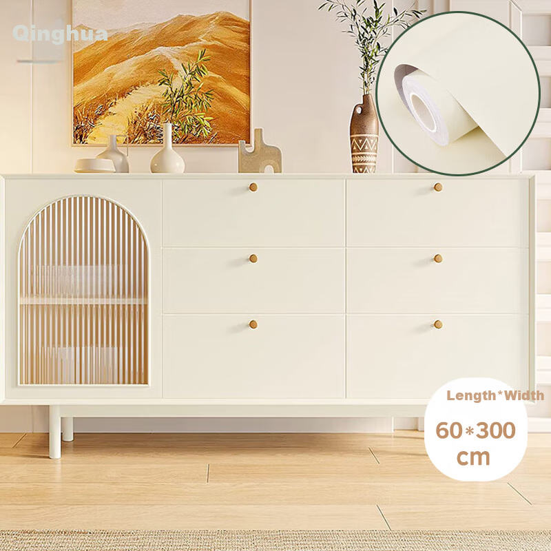 Qinghua Self-Adhesive Wallpaper Desktop Sticker Wall Sticker Wardrobe Furniture Film Color Change Renovation Sticker Light Beige 60*300cm