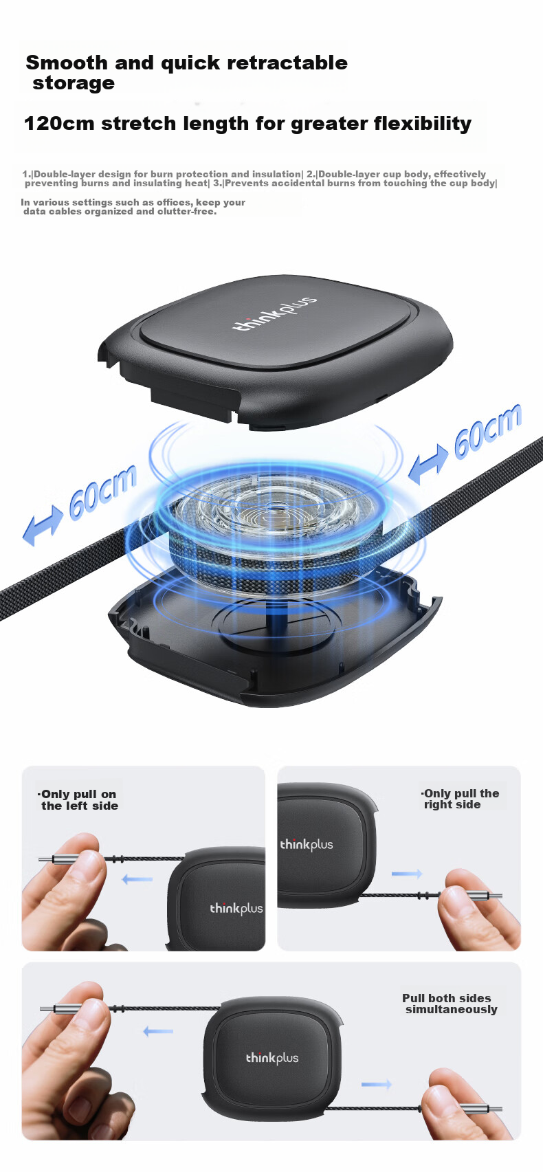 ThinkPlus Lenovo 240W Retractable Dual-Head Type-C PD Charging Cable for Car Fast Charge Compatible with Apple iPhone 17/16, iPad, MacBook, Huawei, Legion, Xiaoxin Laptops 5