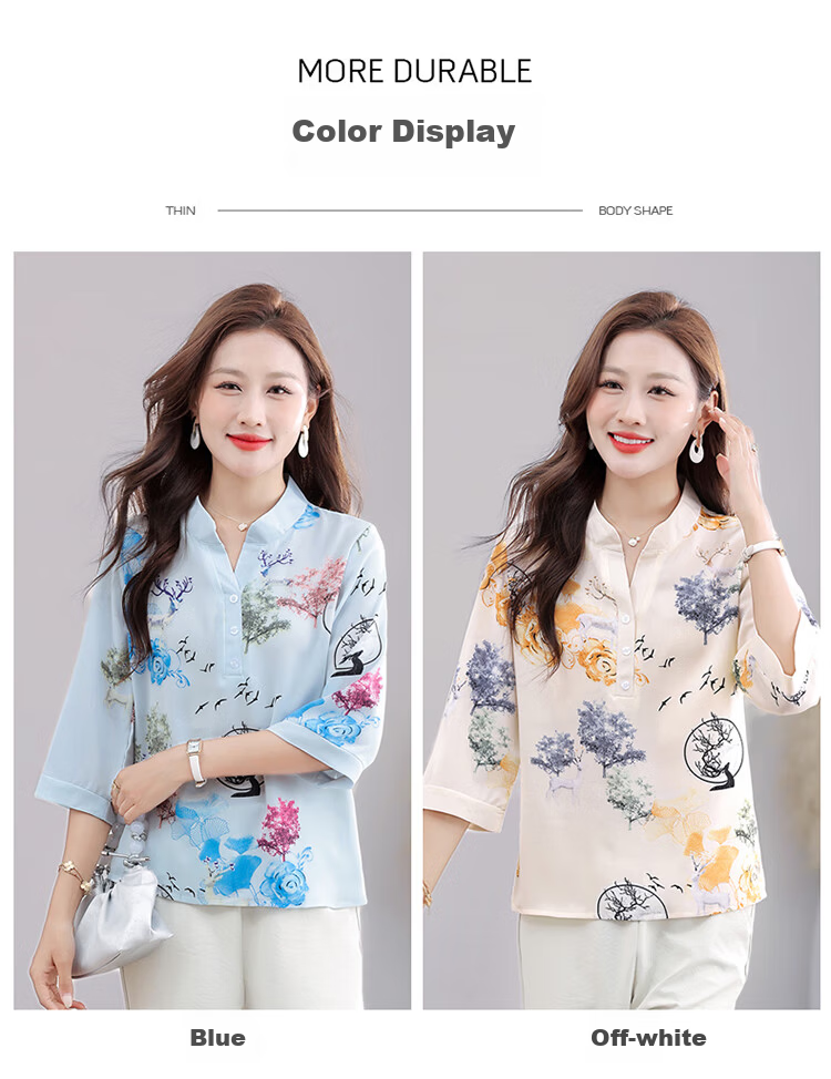 Woodpecker Women's Short Sleeve T-Shirt Casual Floral Shirt Middle-aged and Elderly Mom Loose Elegant Top Summer Blue 2XL 9