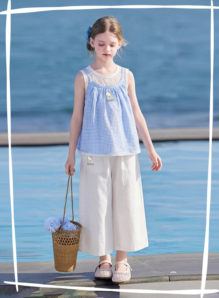 Hello Kitty Girls Summer Salt Style Fresh Plaid Cartoon Set 2026 New Loose Sleeveless Outfit for Older Kids 2