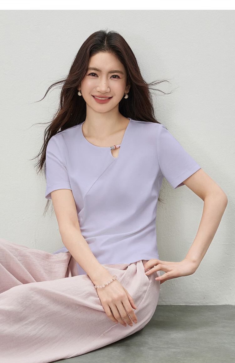 Shangdu Bila Cool Feeling Lyocell Cotton Women's T-Shirt Spring Summer Hollow Beaded Round Neck Elegant Top Curved Split Pleats Women's Wear 12