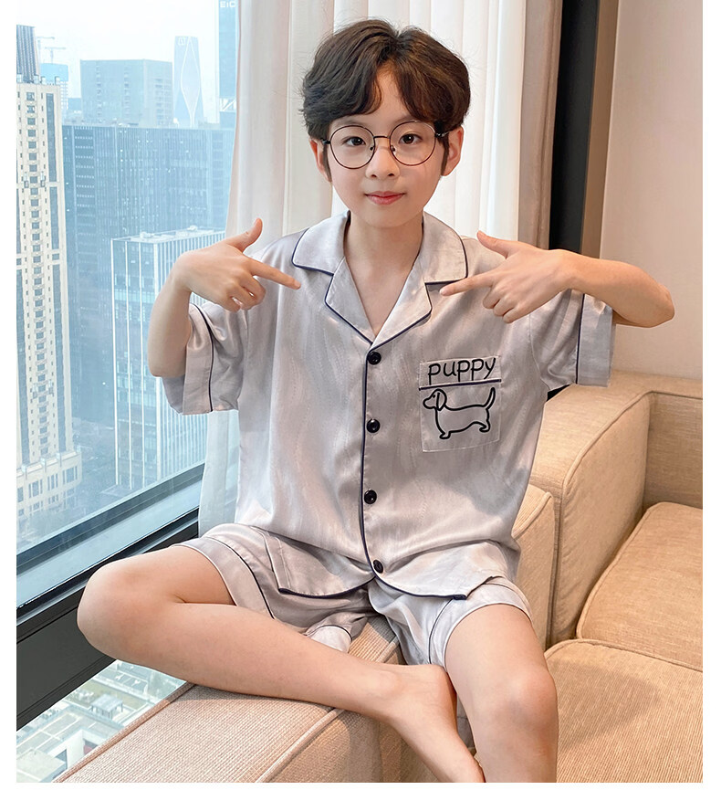 Langsha Children's Pajamas Boys Youth Summer Thin Lightweight Ice Silk Short Sleeve Two-Piece Homewear 2026 New Model 13
