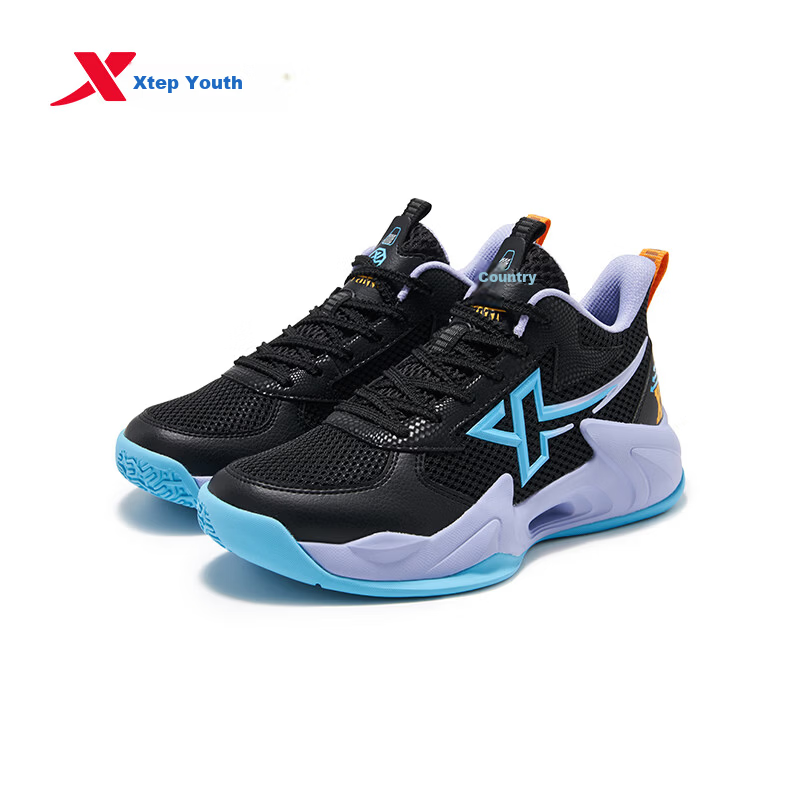 XTEP Youth Style Hunter Sports Shoes Boys Anti-Rollover Burnt Flower Craft Basketball Shoes Black/Blue Purple Size 40