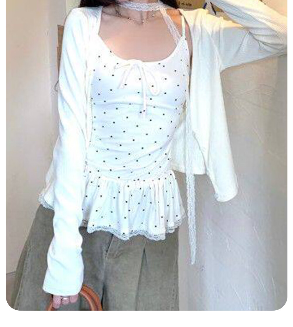 Modal Polka Dot Camisole with Chest Pad, Lace Ruffle Trim, Waist Slimming, Sweet Style, Layered and Outerwear Tank Top for Women 11
