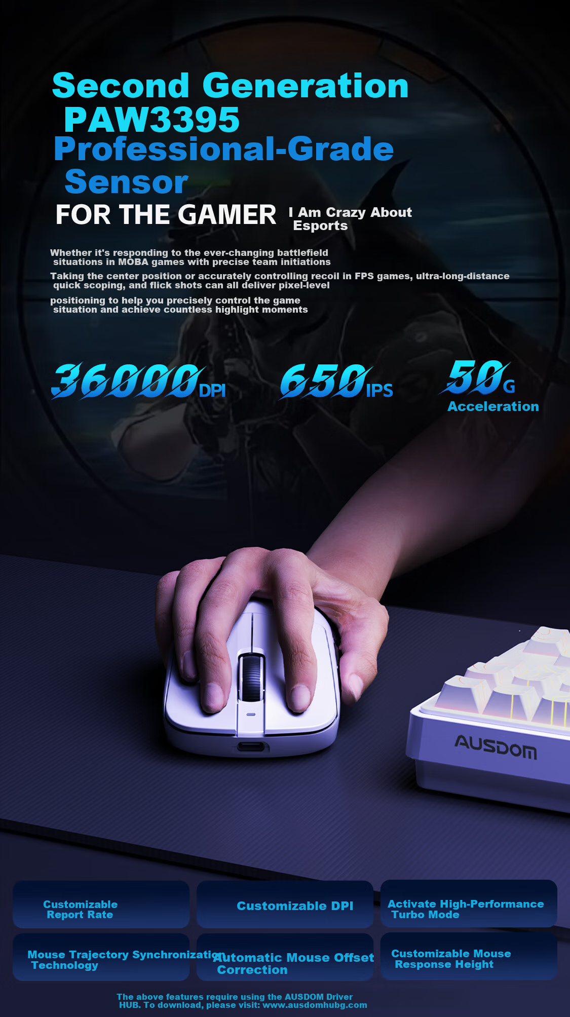AUSDOM G03PRO Wireless Mouse Lightweight Gaming Mouse Star Flash 8K+8K Polling Rate PAW3395 Engine Wired/wireless Large Hand-Specific Symmetrical Pink 10