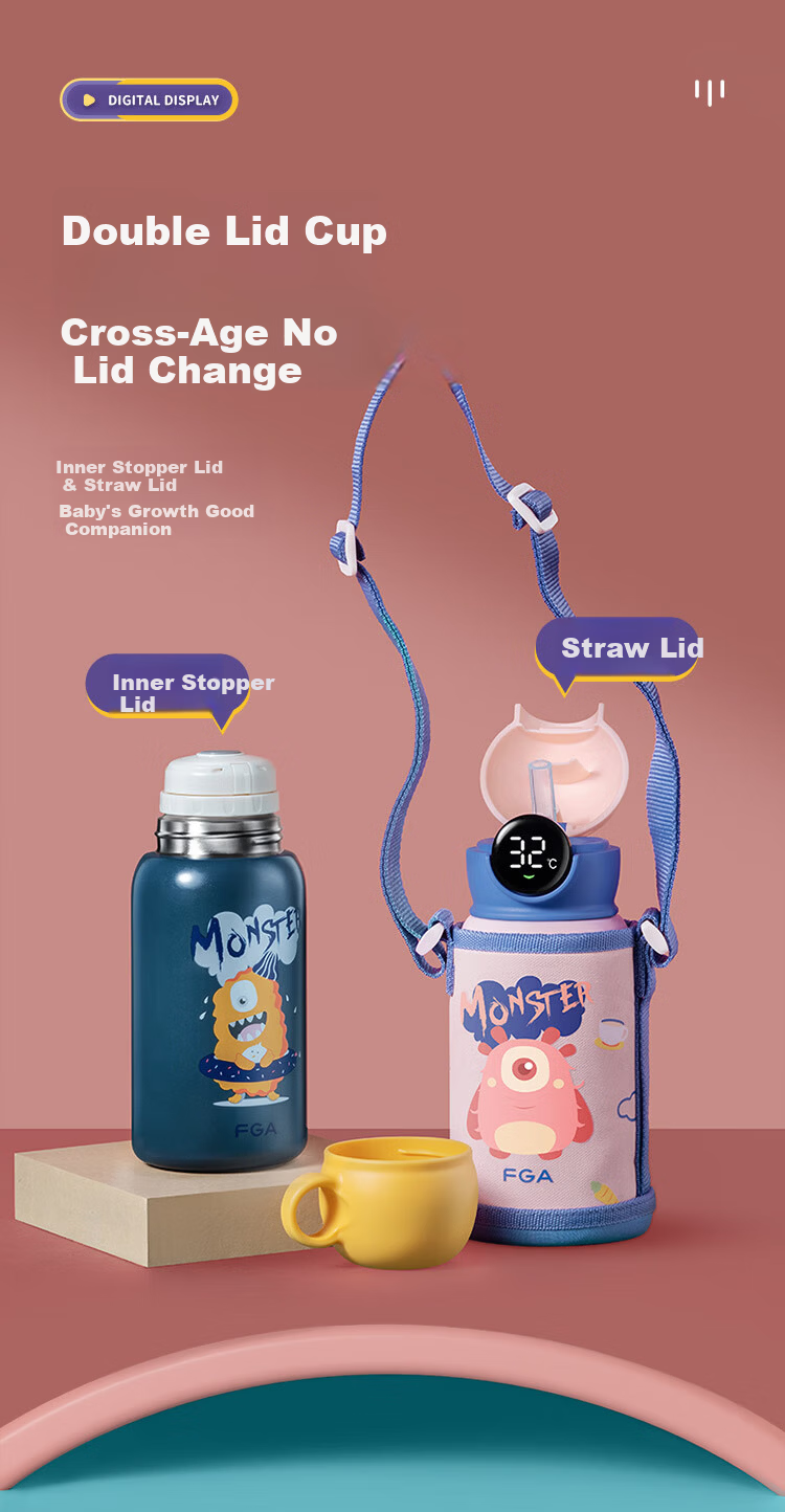 FGA Fugang Kids Insulated Bottle 316 Stainless Steel Smart Digital Display Student Straw Large Capacity Water Cup Double Lid Bottle 8